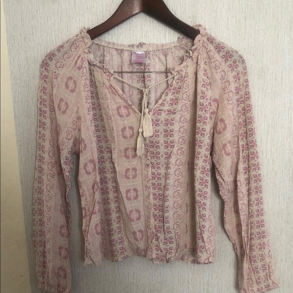 No Boundaries Dusty Pink Printed Tie-Front Peasant Blouse